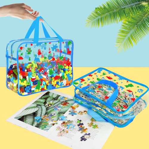 Image of 6 Packs Large Toy Storage Bags with Labels, Reusable Clear PVC Storage Bag, Travel Waterproof Organizer Bags (Blue-cute pattern)