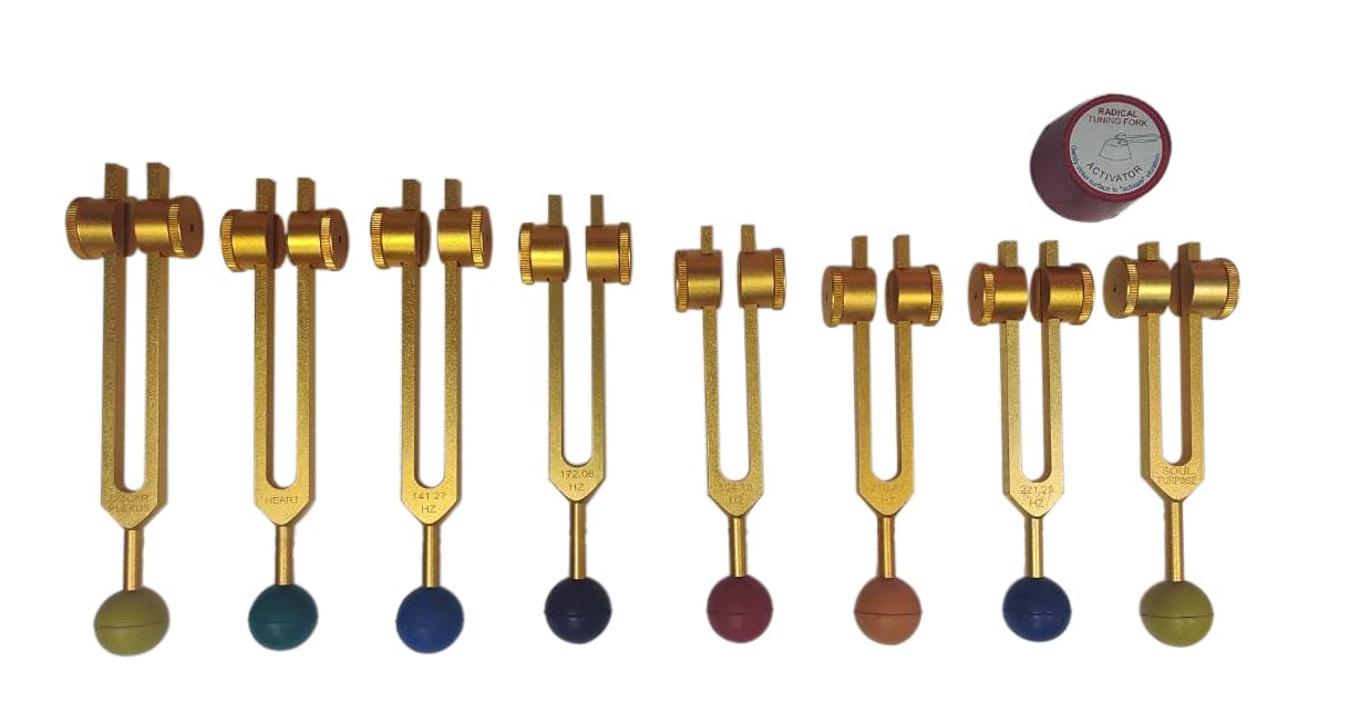 Radical Golden Radical Tuning Fork, 7 Chakras +1 Soul Purpose Weighted Tuning Forks with Chakra Color Balls Silicone Mallet Aluminum Alloy Premium Instrument (126.22 Hz, 136.1 Hz, 141.27 Hz etc.)