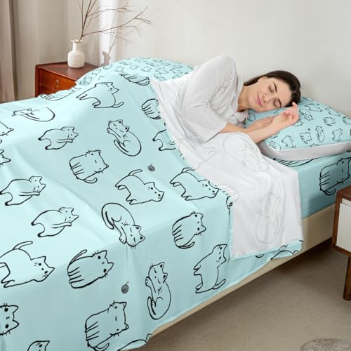Image of Cute Cats Kitten Pet Fitted Sheet Set with 2 Pillowcase,Cartoon Cat Bed Sheet Teens,Animals Top Flat Sheet Luxury Microfiber,Queen Size