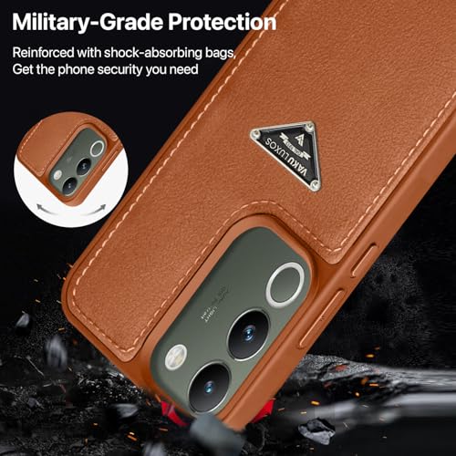 Image of Vaku Luxos Nyxen Back Cover Case for Vivo Y200 5G Premium Leather Stitched Soft Shockproof Protective TPU Phone Case Camera Screen Protector- Brown