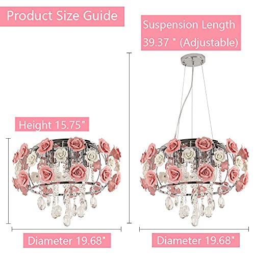 Oukaning Pink Crystal Chandelier Rose Flower Round Ceiling, Modern Romantic Pendant Lighting For Girls Bedroom Living Room Decor Adjustable Length thumb #2