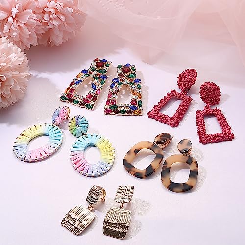 JeryWe 9 Pairs Clip on Earrings for Women Fashion Rattan Acrylic Tassel Drop Dangle Earrings Set Lightweight Geometric Statement Bohemian Clip Earrings for Non Piercied3