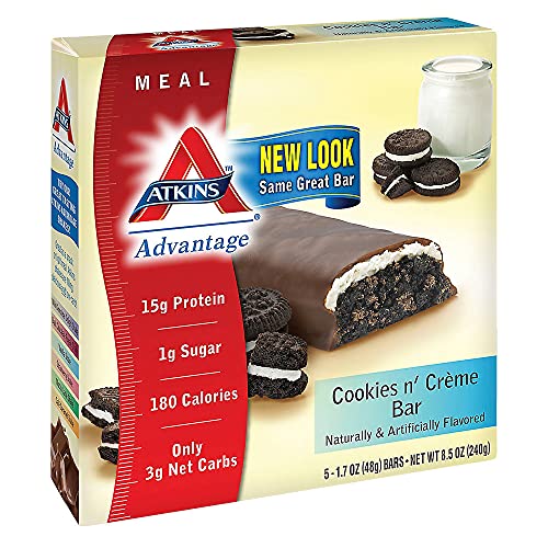 Atkins Cookies & Creme Protein Meal Bar, High Fiber, 13g Protein, 2g Sugar, 4g Net Carb, Meal Replacement, Keto Friendly, 5 Count