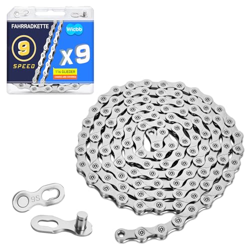 Wicbb 9-fach Fahrradkette 116 Glieder Mit Kettenschloss: 9 Speed Fahrrad Kette Silber 116 Kettenglieder für Mountainbike Sportbike langlebige Bicycle Chain kompatibel mit verschiedenen Fahrradtypen