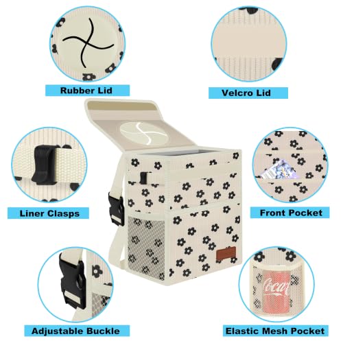 Image of Femuar Leak Proof Car Trash Can with Lid, Collapsible Hanging Waterproof Car Trash Bag with Mesh Pocket for SUV Front Seat Headrest, Large /Beige Flower