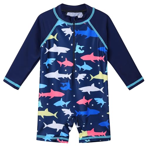 Image of HUAANIUE Toddler Boy Swimsuit Rashguard One-Piece Swimwear 0-6 Years | UPF 50+ sun protection, front zipper with chin guard, 4-way stretch quick-dry fabric, flatlock seams anti-chafing