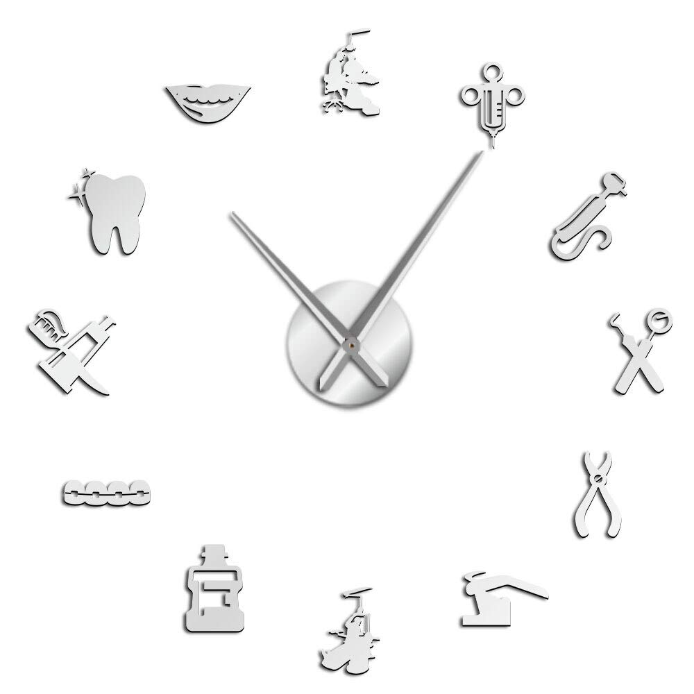 YH Dentist DIY Giant Wall Clock Dental Doctor Large Wall Clock Big Needle Mirror Dentist Office Decor Dentist Gift Doctor Art(Silver,27in)