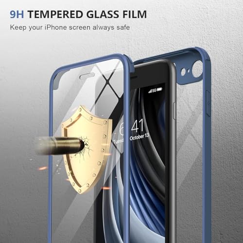 Image of Miracase for iPhone SE Phone Case 3rd /2nd Generation 2022 2020 Full-Body with Built-in Glass Screen Protector, Heavy Duty 360 Protective Shockproof Bumper Cover for iPhone 8 /SE, Blue