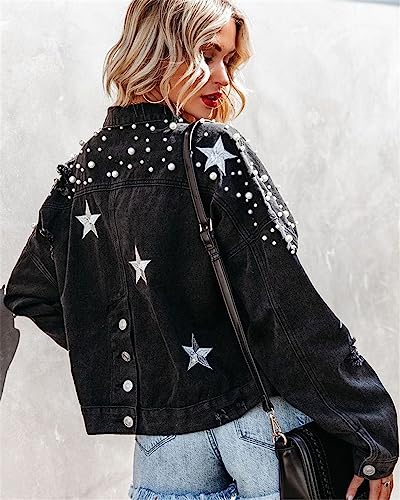 Women's Pearl and Star Denim Jacket Oversized Ripped Distressed Denim Jean Jacket Coat4