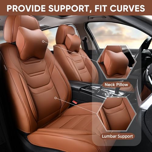 Image of TIEHESYT Car Seat Covers Full Set, Breathable Leather Automotive Front and Rear Seat Covers & Headrest for Reduce The Driving Fatigue, Compatible with Most Vehicles, Cars (Brown, Front Pair)