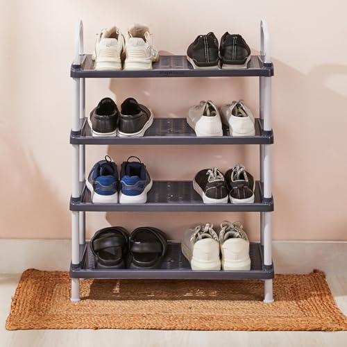Image of Amazon Basics Multipurpose Plastic Shoe Rack | Durable, Space-Saving & Easy to Assemble | Portable Shoe Organizer | Grey (Large, 65.7 cm x 27.5 cm x 83 cm)