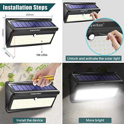 Luposwiten Solar Lights Outdoor, 100 LED Waterproof Solar Powered Motion Sensor Security Light, Solar Fence Wall Lights for Patio, Deck, Yard, Garden (4 Pack)