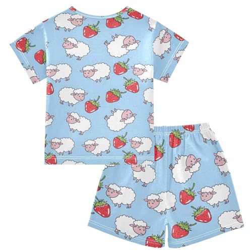ALAZA Sheep Strawberry on Blue Pajamas Short Sleeve 2 Piece Sleepwear Top and Bottom Pajama Set Unisex2