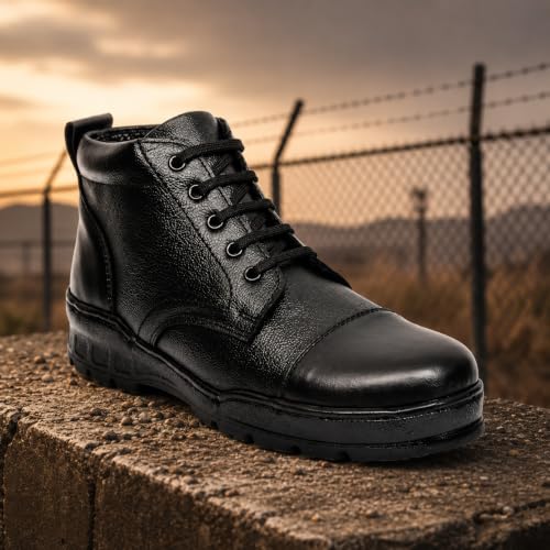 Image of Men's Genuine Leather Army Police Boots | Side Zip Military Tactical Boots | Anti-Slip Airmix Sole | High Ankle Security Duty Shoes | Comfortable Outdoor Combat Patrol Work Boots for Men