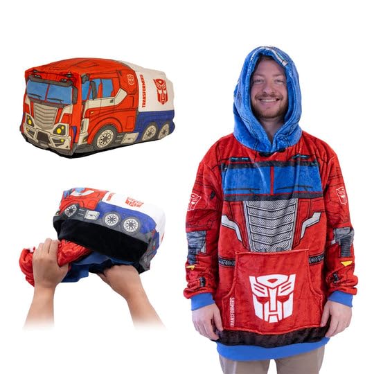 Transformers Plushible Wearable Blanket Hoodie, Hasbro Optimus Prime, 2-in-1 Oversized Hoodie Blanket Pillow, Long Sleeve Sweatshirt Pocket, Cozy Valentine Gift for Men & Women