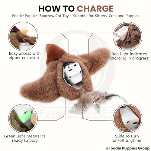 Image of Foodie Puppies Interactive 3 Mode Flapping Wings Bird Cat Toy with Catnip - (Flapping Sparrow) for Cats & Kittens I Touch Activated, Rechargeable, Chirping Sparrow Sound Plush Toys for AduIt Bored Cat