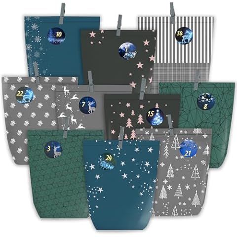 PANSIBY Advent Calendar for Filling, 24 Paper Advent Bags for DIY Crafts for Christmas, Paper Bags with Number Stickers for Standing Up Cover