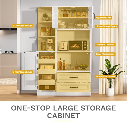 DWVO Kitchen Pantry Storage Cabinet, 64" H Kitchen Hutch Cabinet with Power Outlet, Sliding Racks with Door, Drawers with Doors and 3-Tier External Shelves for Living Room, Dining Area (White)