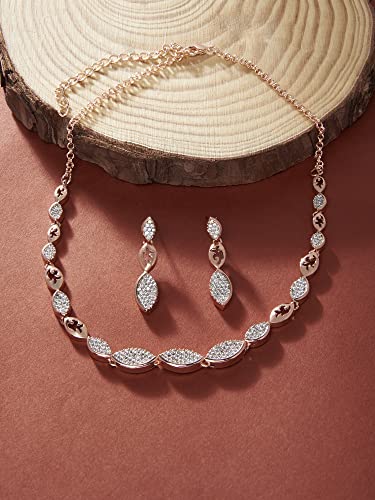 Image of Ami Rose Gold Dazzling Cubic Zirconia Designer Contemporary Necklace & Earring Set For Women-ZPFK20055