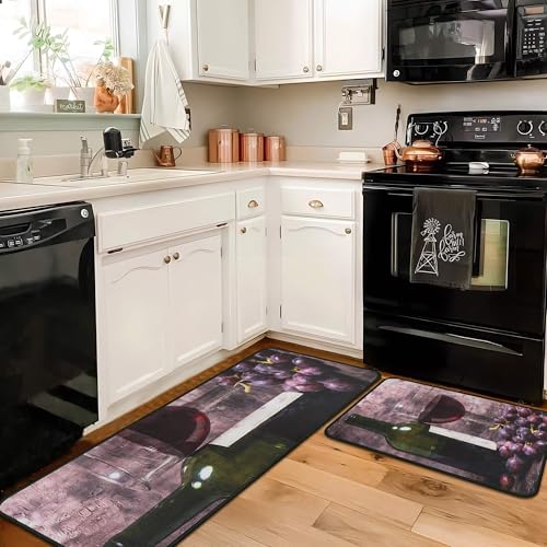 Yovirinto Wine Kitchen Rugs and Mats Sets of 2, Non