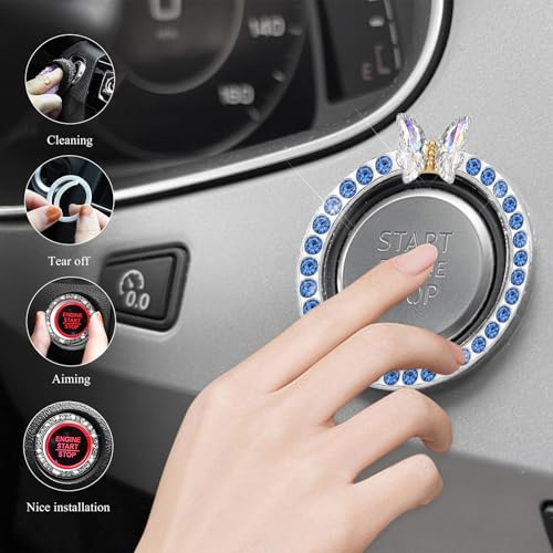 Image of DXNQ Bling Ring Emblem, Sparkling Butterfly Car Buttons and Knobs Ring, Girly Butterfly Diamond Car Engine Start Button Cover, Key Ignition Knob Rings Decoration for Women (Blue, Single Row)