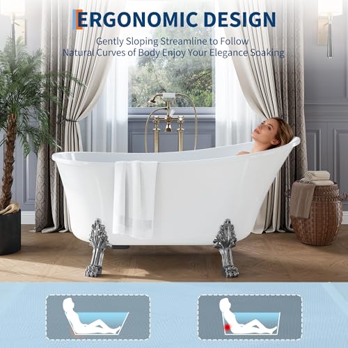 Image of GarveeLife Freestanding Slipper Clawfoot Bathtub 59 inch - Heavy Duty Acrylic Soaking Tub with Chrome Feet, Drain & Overflow, Elegant Vintage Design for Relaxing Home Spa and Bathroom Remodels