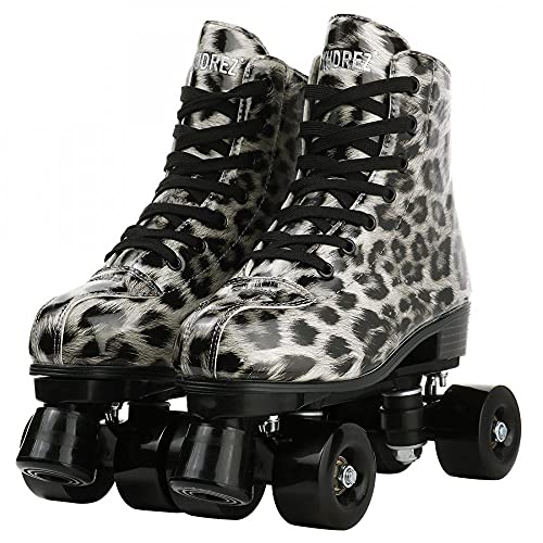 Buric PU Leather Leopard Double-Row Roller Skates for Unisex Beginner, High-top Roller Skates Shiny Four-Wheel Roller Skates with Shoes Bag (Silver(Black Wheel),41)
