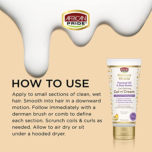 African Pride Moisture Miracle Gel N' Cream - 3-In-1 Curl Training System, Defines Curls, Holds Shape, Hydrates, Adds Shine, Contains Flaxseed Oil & Shea Butter, Defines & Elongates, 6 Oz #TOP1