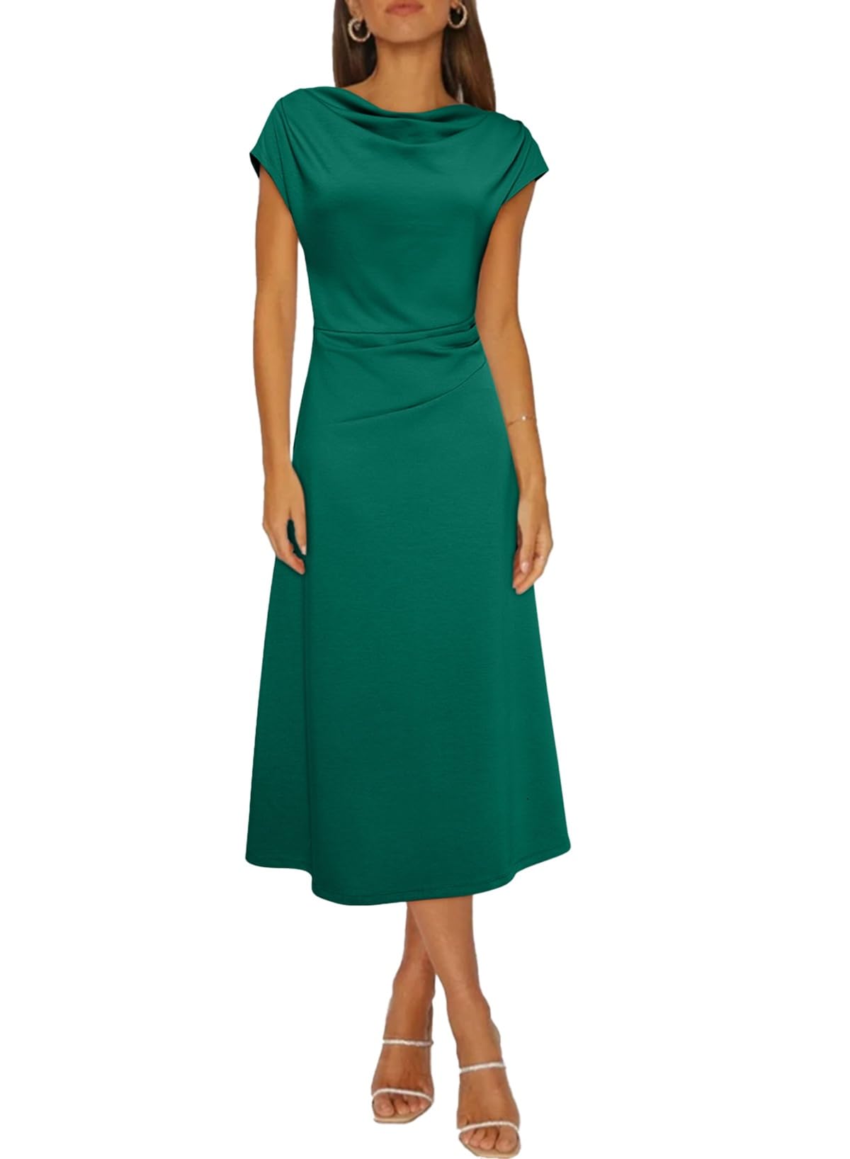 Happy Sailed Women's Spring Summer Short Sleeve Cowl Neck Ruched Waist Flowy A Line Midi Dresses Party Cocktail Dress