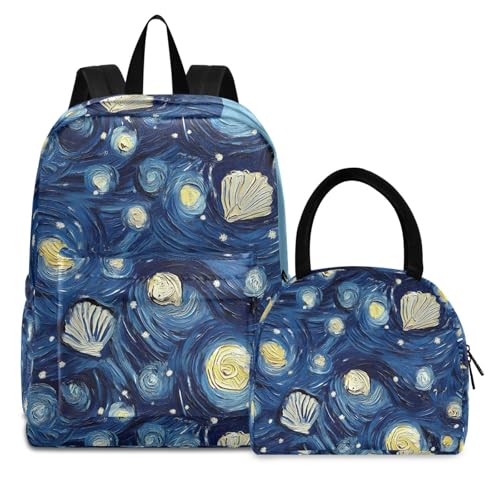 Painting Seashells Print Backpack Set with Lunch Bag, Large Capacity Travel Backpacks and Lunch Box Insulated for Commute Hiking Picnic
