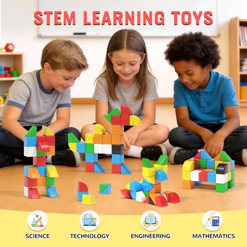 Image of Hiwawind 56 PCS Magnetic Blocks, 1-Inch Isosceles Triangles & Quarter Circles, Montessori STEM Sensory Toys for Kids Ages 3-6, Christmas & Birthday Gift for Boys Girls