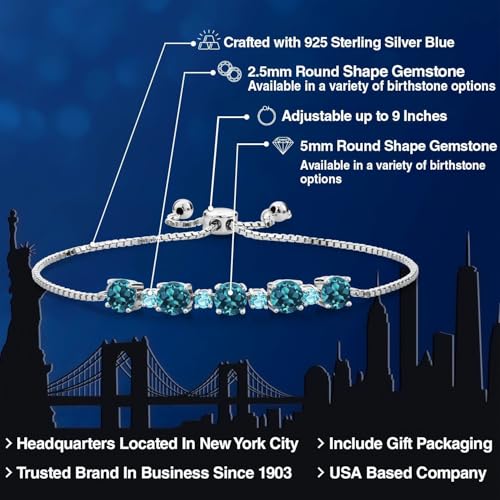 Gem Stone King 925 Sterling Silver Gemstone Birthstone and Swiss Blue Topaz Tennis Bracelet for Women | Round 5MM and 2.5MM | Adjustable Bolo Design | Easy-On Easy-Off | Fully Adjustable Up to 9 Inch2