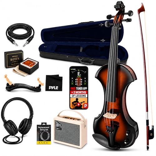Pyle 4/4 Silent Electric Violin with Amplifier Kit, Solid Wood Fiddle with 10W Amp and Complete...