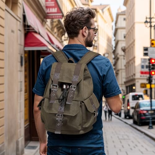 Vintage Canvas Backpack for Men Women, Durable Casual Daypack, Large Capacity Travel Rucksack Fits for Hiking and Daily Use (Green) - Image 8