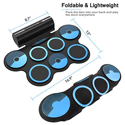 PAXCESS Electronic Drum Set 7 Pads Roll-up Practice Electric Drum for Kids with Headphones Jack, Built-in Speakers Drum Set Best Birthday Gift for Kids (Blue)