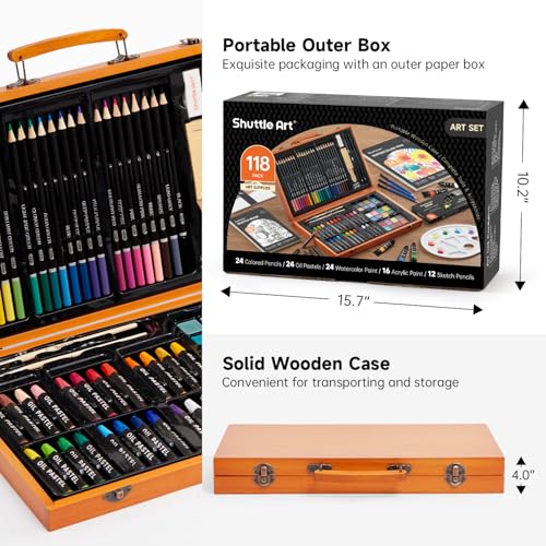 Shuttle Art 118 Piece Deluxe Art Set, Art Supplies in Wooden Case, Painting Drawing Art Kit with Acrylic Paint Pencils Oil Pastels Watercolour Cakes Colouring Book Sketch Pad for Kids Adults - Image 3