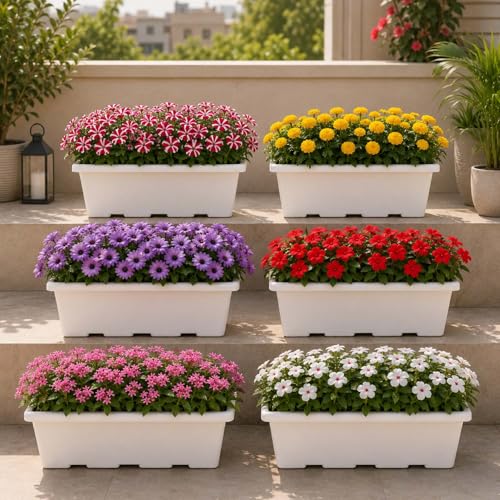 Image of Go Hooked Jupiter Window Planter Pot Pack of 6 | 17 Inch White Plastic Rectangular Flower Planter for Indoor Outdoor Plants Balcony Garden Home Decor | Decorative Plant Container L43 x W22 x H18 Cm