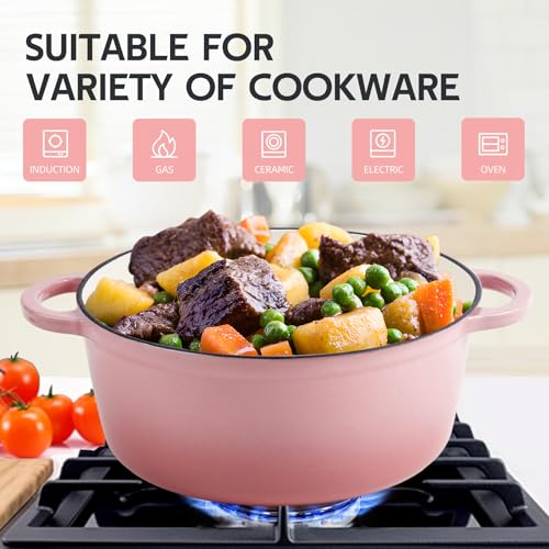 Image of 3 Quart Dutch Oven Enameled Cast Iron with Lid - Big Dual Handles - Oven Safe up to 500F - Classic Round Pot for Versatile Cooking Pink