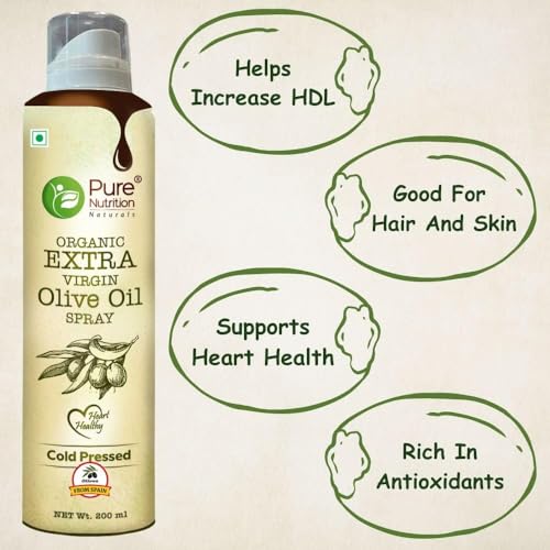 Image of Pure Nutrition Olive Oil Cooking Spray 400ml (200ml X 2)| 100% Organic, Extra Virgin, Cold Pressed, Natural; Cook Healthy with 10X LESS Oil | Ideal for Dressing, Baking, Air-Frying | Good for Skin, Hair & Massage