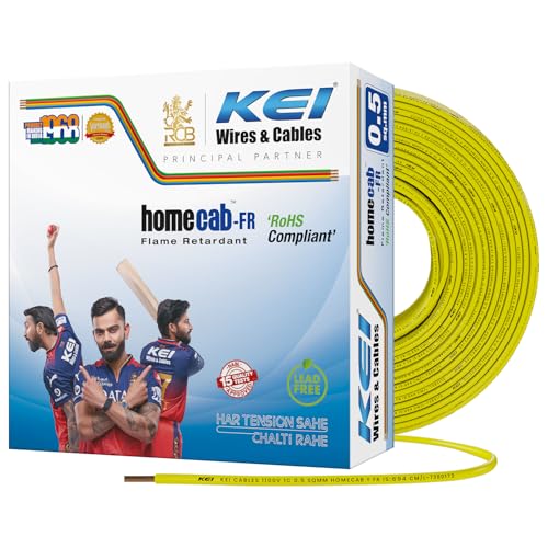 Image of KEI WIRES & CABLES Homecab 0.5 sqmm 1 Core Copper Flame Retardant House Wire PVC Insulated Cable for Domestic & Industrial Electrical Wiring (Yellow, 90 Meters)