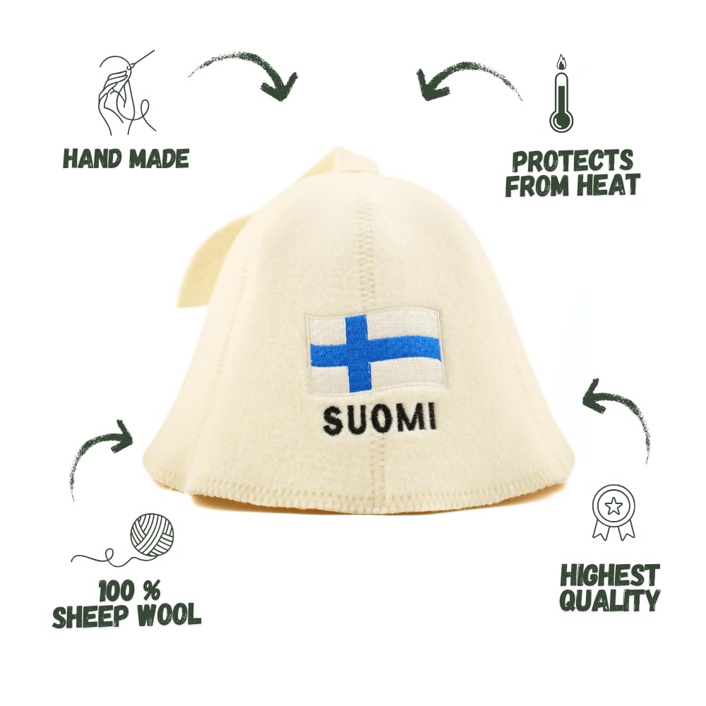 Naturalna czapka do sauny "Finlandia" biała – 100% wełna organiczna filcowa czapka do sauny dla mężczyzn i kobiet do rosyjskiej banii - chroni głowę przed ciepłem - w zestawie e-book