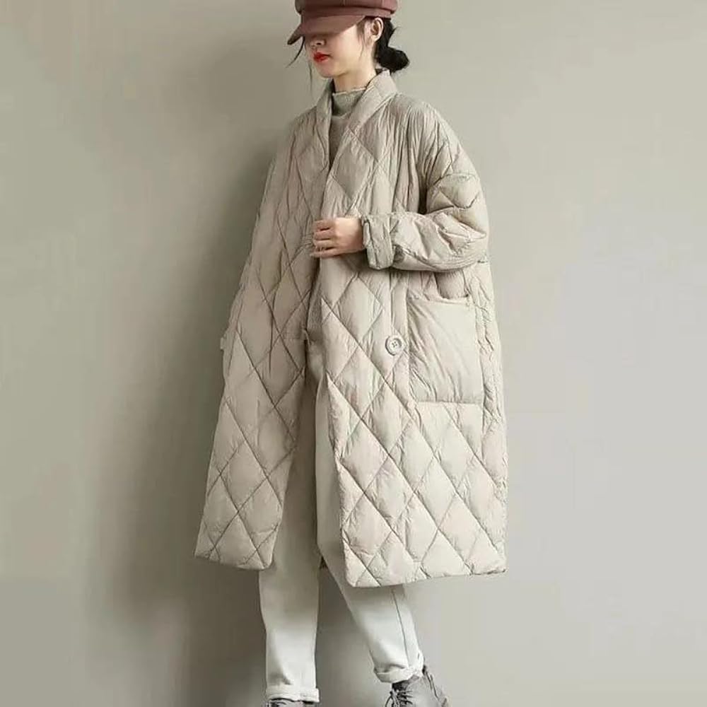 Women's Long Padded Parka Overcoat With Stand Collar Diamond Grid