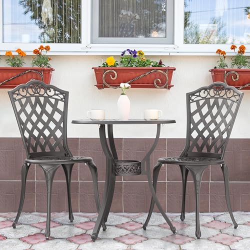 Image of NUU GARDEN 3 Piece Outdoor Bistro Table Set, All Weather Cast Aluminum Patio Bistro Sets Patio Table and Chairs Set of 2 with Umbrella Hole for Yard, Garden, Balcony, Black