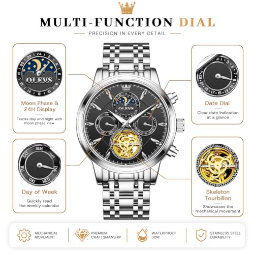 Image of OLEVS Men Automatic Skeleton Watch - Luxury Stainless Steel Calendar Moon Phase Mechanical Dress Wrist Watch with Luminous, Waterproof Self-Wind (Gold /Silver /Blue /Black)