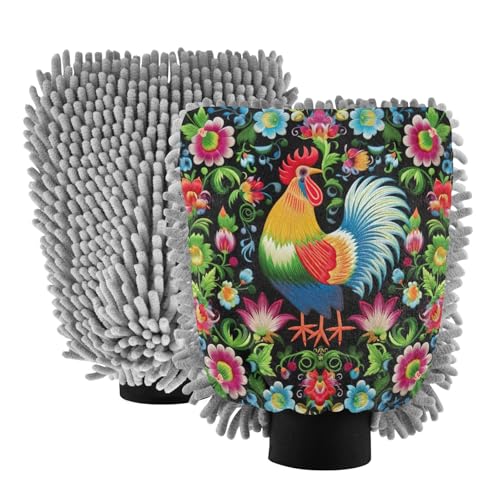 Flradish 2 Pack Rooster Flower Car Wash Mitt Chenille Microfiber Lint-Free Scratch Free Ultra-Soft Absorbent Car Wash Mitt 10.2x7.09 Inch