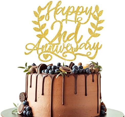 GWING Happy 2nd Anniversary Cake Topper, Gold Glitter- Celebrating 2nd Birthday Decor-Cheer to Baby Two Years Old Birthday Wedding Party Decorations Supplies
