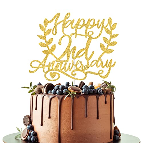 Gwing Happy 2Nd Anniversary Cake Topper, Gold Glitter- Celebrating 2Nd Birthday Decor-Cheer To Baby Two Years Old Birthday Wedding Party Decorations Supplies #TOP2