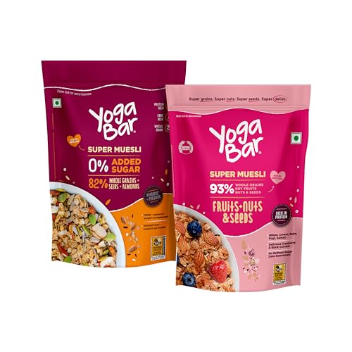 Image of Yogabar Breakfast Cereal & Muesli | 93% Whole Grains Dry Fruits Nuts and Seeds | No Added Sugar 82% Almonds Whole Grains and Seeds | 400g Each