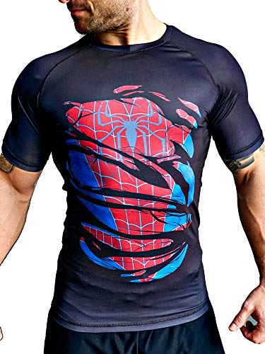 Khroom® Heren compressie shirt met korte mouwen ademend in held ontwerp compressie shirt functioneel shirt onderhemd voor fitness, fitness, joggen - zwart - klein