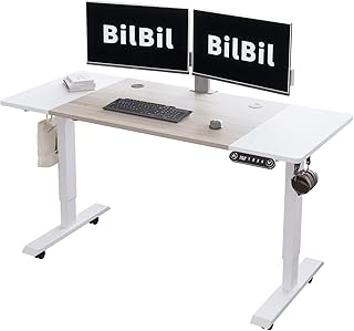 bilbil 55 x 24 Inches Height Adjustable Electric Standing Desk, Smart Home Office Sit Stand Table with Splice Board, Casters with Brake, White Frame/White and Oak Top